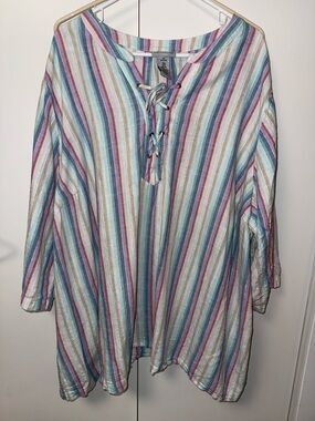 Catherines women’s Pastel Striped Linen-Blend Shirt Sz 4X rainbow preppy